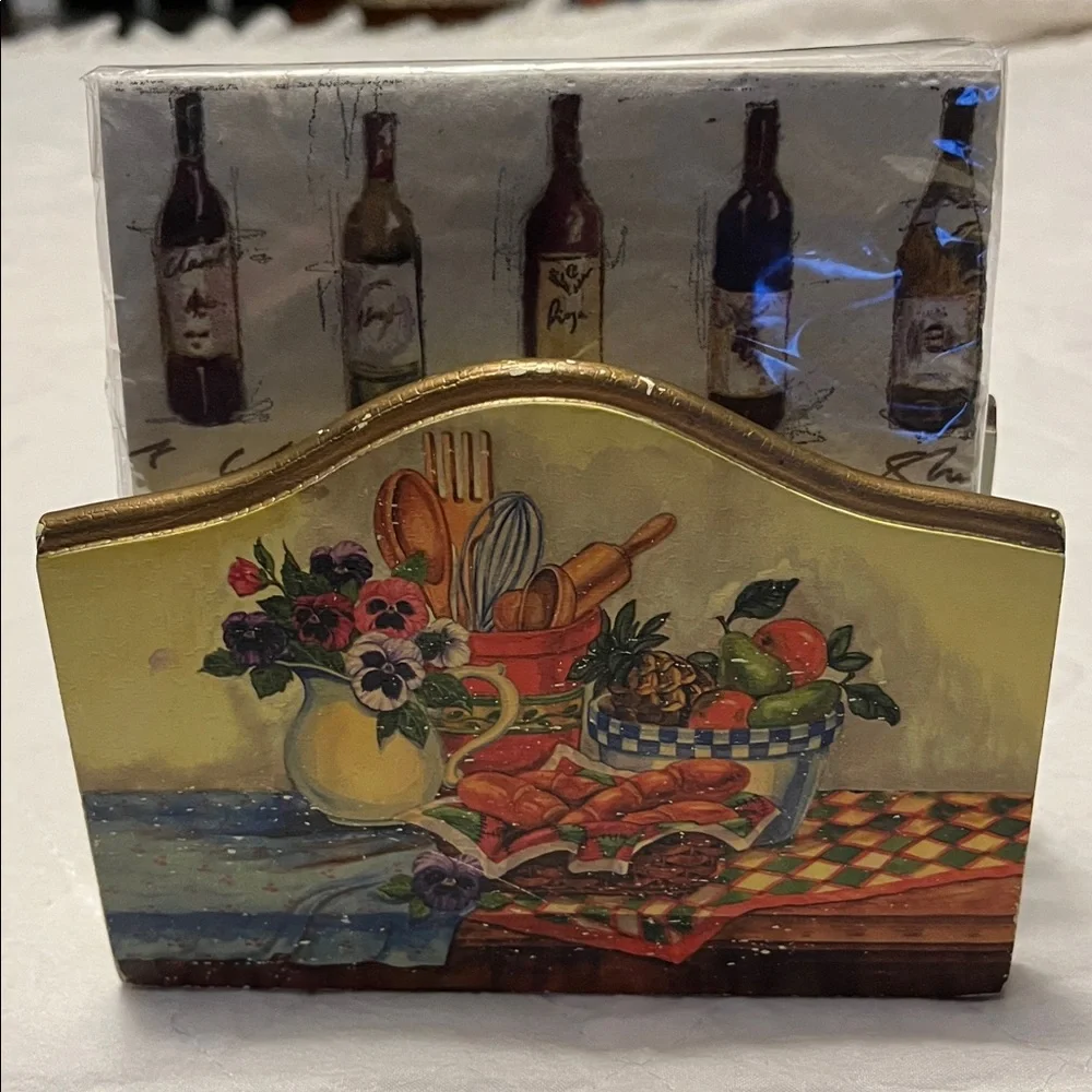 Vintage Decorative Painting Wooden Napkin Holder And Coaster Holder Set